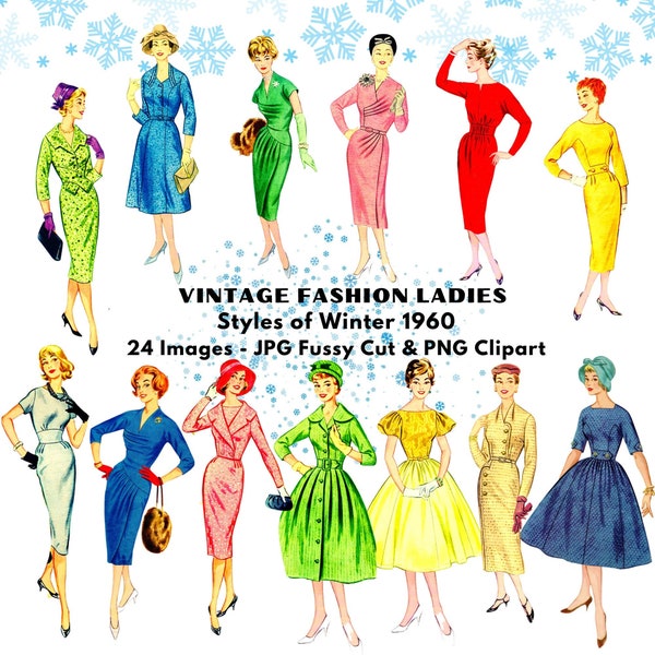 1960s Fashion Clipart Vintage Ladies Winter 60s Retro Illustrations Retro Women Ephemera Scrapbook Junk Journal Digital Download PNG JPG