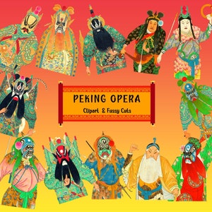 Ópera de Pequim Vintage Chinês Clipart Fussy Cuts Ephemera Scrapbook Menu Colagem Digital Download PNG JPG