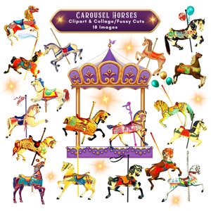 Clipart cheval carrousel et coupes difficiles 18 Images Merry Go Round Ephemera Junk Journal Collage téléchargement numérique PNG JPG