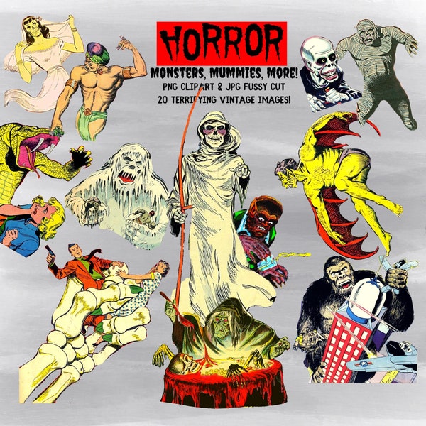 Vintage Horror Monster Sci Fi Fussy Cut Clipart. Retro Halloween Scrapbook Junk Journal PNG JPG Digital Download