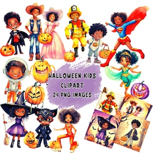 Watercolor Halloween Clipart: African American Kids Costumes (Digital Download)
