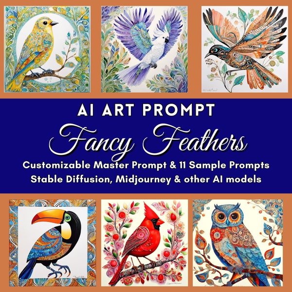 AI Prompt Whimsical Birds Beautiful BIrd Designs Customizable 100+ Art Prompts Stable Diffusion Guide Midjourney Digital Download