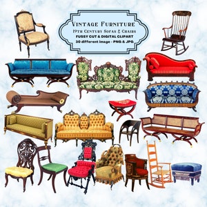 Vintage Furniture Fussy Cut & Clipart 19th Century Antique Sofa Chair Images Ephemera PNG JPG  Scrapbook Journal Digital Down