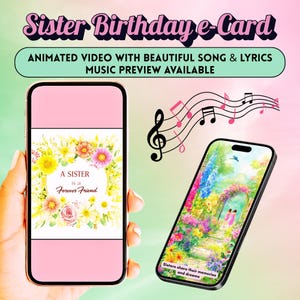Schwester Geburtstag e-Card mit Audio. Animierte digitale Karte mit Video-Song und Songtext