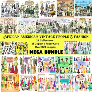 Mega Bundle di Clipart di persone nere, Clip art afroamericane, Persone vintage, Moda vittoriana, Retro, Stampabile, Download digitale PNG JPG