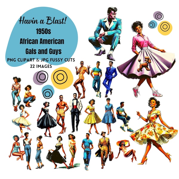 Retro 1950s African American Fashion Clipart Black Men Women Men Clipart PNG Sublimation 50s Vintage Clip Art Fussy Cuts Digital Download