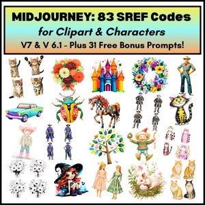 May include: A digital art compilation featuring various clipart and character designs. The image includes a variety of illustrations, such as cats, a castle, a car, a horse, a bug, a tree, and people. Text at the top reads "MIDJOURNEY: 83 SREF Codes for Clipart & Characters."