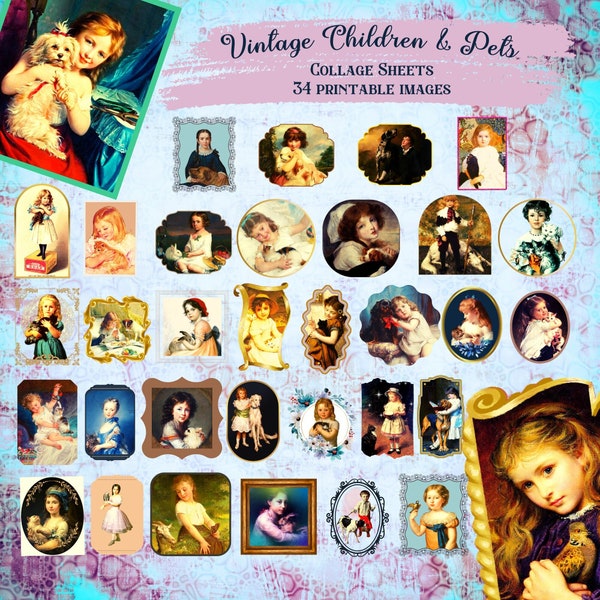 Victorian Kids and Their Pets Clipart Vintage Children Kids Animals Dogs Cats Junk Journal Scrapbook Digital Download JPG PNG