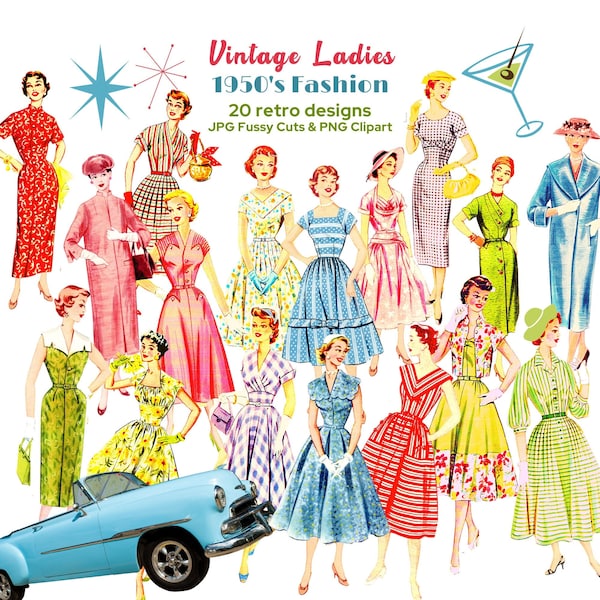 Vintage Women 1950s Fashion Ladies. Clipart and Fussy Cut Printable. PNG JPG.  20 images. Scrapbook Collage Journal Tags. Digital Download