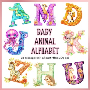 Baby Animal Alphabet Watercolor Clipart Animals A to Z Whimsical Letters 26 PNG Cute Nursery Decor 300 dpi Digital Download