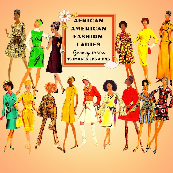 1960s African American Fashion Ladies Clipart Vintage 60s Styles Fussy Cuts Retro Women Scrapbook Journal Digital Download PNG JPG