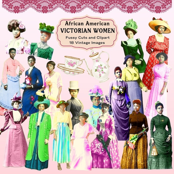 Victorian African American Women Colorized Photo Cliprt Fussy Cuts  Vintage Photographs Printable Scrapbook Journal Digital Download PNG JPG