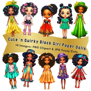 Black Girl Whimsical Dolls Clipart: African American Paper Doll (Digital Download)