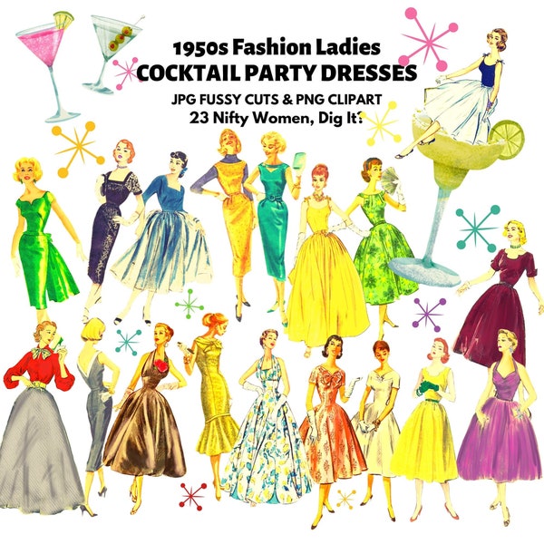 1950s Cocktail Dresses Clipart Vintage 50s Fashion Ladies Fussy Cuts Retro Women 50s Dresses. Scrapbook Junk Journal Digital Download PNG