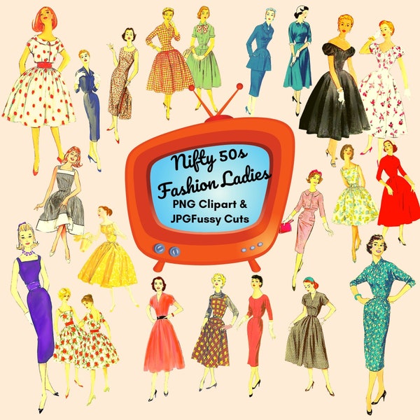 Nifty 1950s Fashion Ladies Clipart Vintage 50s Outfits Retro Women Fussy Cuts Scrapbook Journal Digital Download PNG JPG