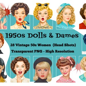 Puede incluir: Una colección de 10 ilustraciones vintage de mujeres con peinados y maquillaje retro. La imagen incluye el texto "1950s Dolls & Dames" y "28 Vintage 50s Women (Head Shots) Transparent PNG - High Resolution."