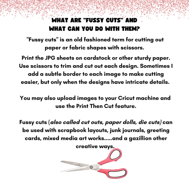 Puede incluir: Imagen con texto que explica "Fussy Cuts" y sus usos en manualidades. Incluye unas tijeras con mangos rojos. El texto describe el corte de formas de papel o tela con tijeras para scrapbooking, diarios y arte de medios mixtos.