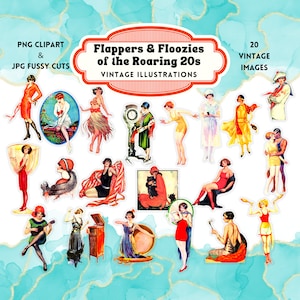 May include: A set of 20 vintage illustrations of flappers and floozies from the Roaring 20s. The illustrations are in a colorful style and feature women in various poses and outfits.