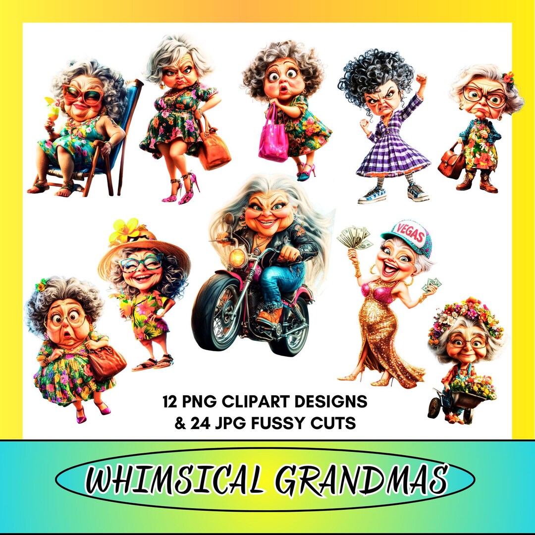 Funny Grandma Clipart: Whimsical Old Lady PNG JPG Images (digital ...