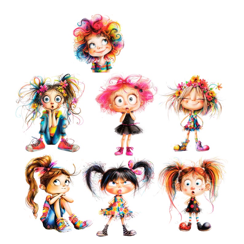 May include: A digital illustration of seven girls with different hairstyles and expressions. The girls are wearing colorful clothing and have bright, expressive eyes.