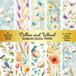 Könnte beinhalten: Eine Sammlung von zehn nahtlosen digitalen Papieren mit Aquarellillustrationen von Baumwolle, Weizen, Blumen, Schmetterlingen und Vögeln in Pastelltönen. Der Text auf dem Bild lautet "Cotton and Wheat Seamless Digital Papers". Jedes Papier ist 30,48 cm x 30,48 cm JPG.