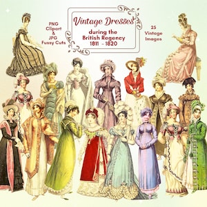 Immagini clipart di abiti Regency: moda effimera del XIX secolo (PNG JPG)