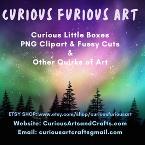 Puede incluir: Gr&aacute;fico de arte digital con un fondo colorido de color p&uacute;rpura, verde y blanco. El texto "CURIOUS FURIOUS ART" est&aacute; en la parte superior. Debajo, se lee "Curious Little Boxes, PNG Clipart & Fussy Cuts & Other Quirks of Art."