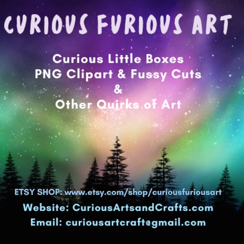 Puede incluir: Gr&aacute;fico de arte digital con un fondo colorido de color p&uacute;rpura, verde y blanco. El texto "CURIOUS FURIOUS ART" est&aacute; en la parte superior. Debajo, se lee "Curious Little Boxes, PNG Clipart & Fussy Cuts & Other Quirks of Art."