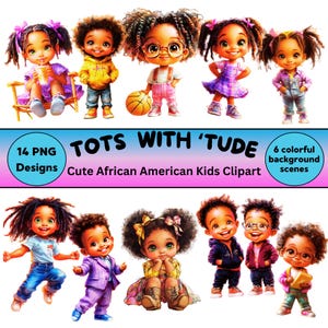 Niedliche schwarze Kinder Clipart African American Jungen Mädchen Kleinkinder Aufkleber Hintergrund Szenen Digitaler Download PNG JPG