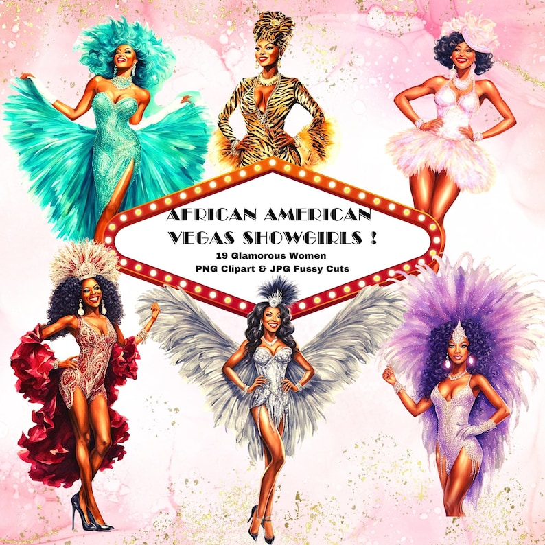 African American Showgirls Las Vegas Black Women Clipart PNG JPG Printable Fussy Cuts Journal Scrapbook Digital Download image 1