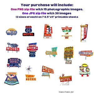 Puede incluir: Una colecci&oacute;n de im&aacute;genes de letreros de motel vintage, incluyendo letreros de "Route 66 Motel", "Aztec Motel" y "Thunderbird Motel". Los letreros son coloridos y presentan varias fuentes y dise&ntilde;os, perfectos para proyectos retro.
