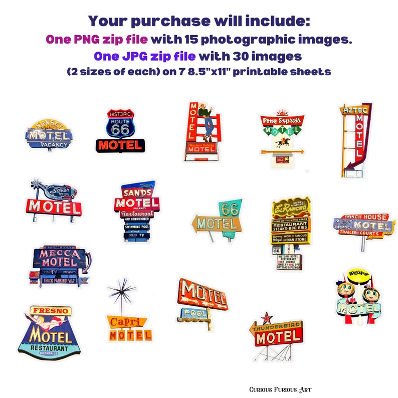 Puede incluir: Una colecci&oacute;n de im&aacute;genes de letreros de motel vintage, incluyendo letreros de "Route 66 Motel", "Aztec Motel" y "Thunderbird Motel". Los letreros son coloridos y presentan varias fuentes y dise&ntilde;os, perfectos para proyectos retro.
