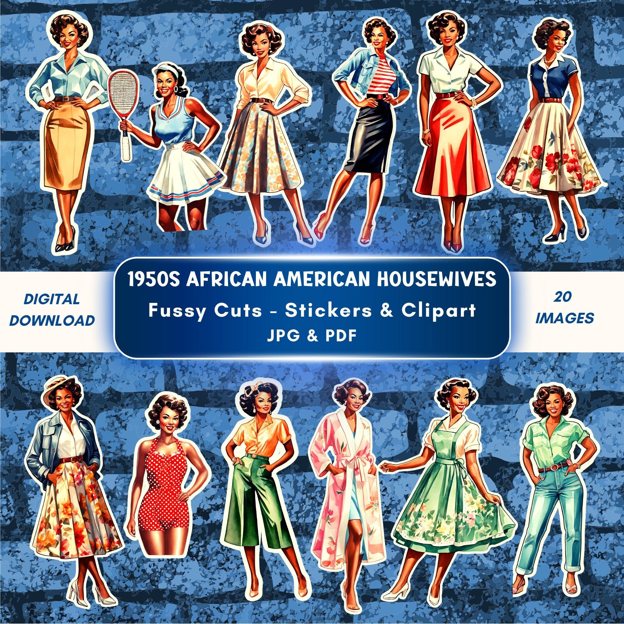 1950s Fashion Clipart: African American Retro Housewives Stickers