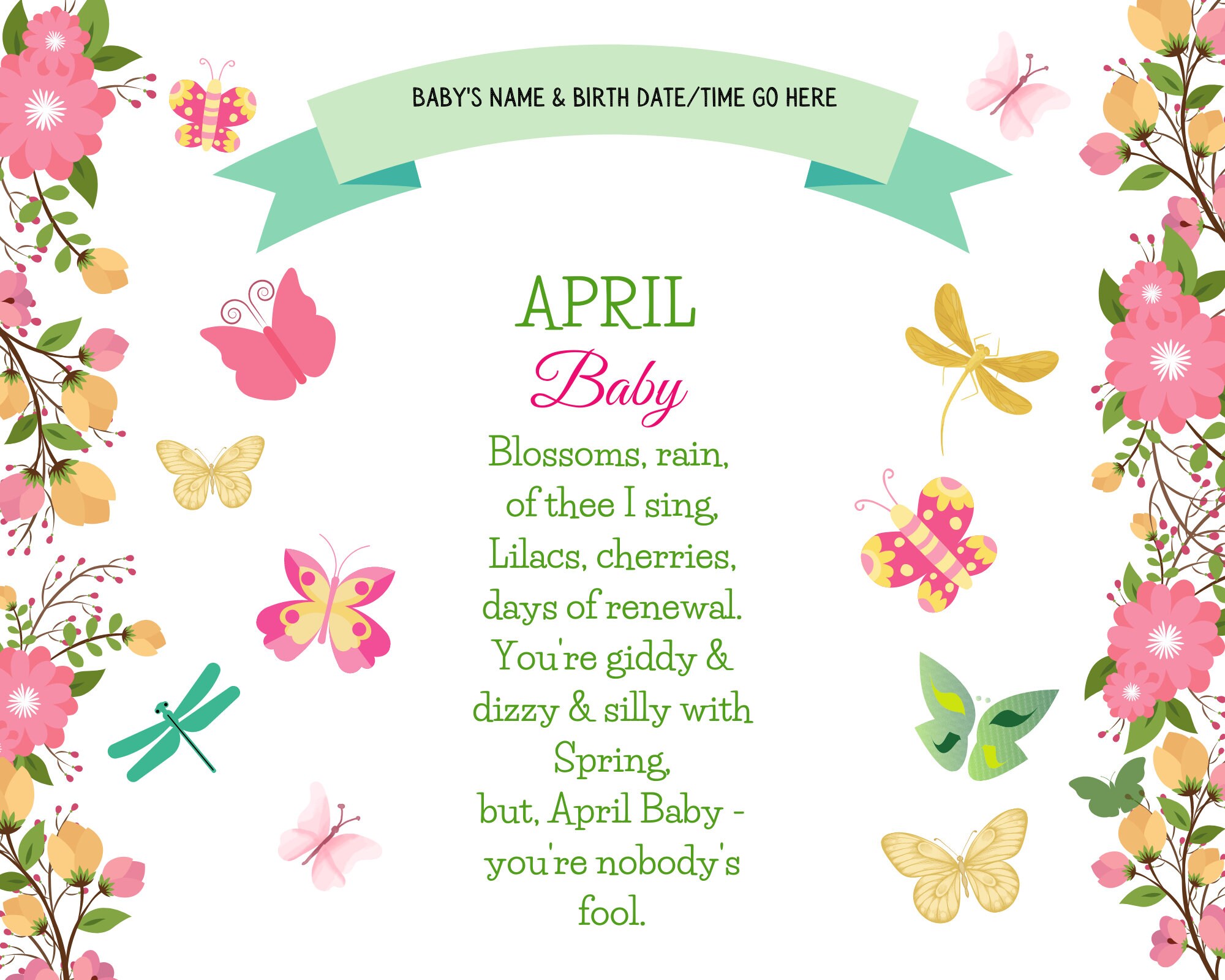 APRIL BABY PRINT Poem Personalized Baby Boy Baby Girl Birth Etsy