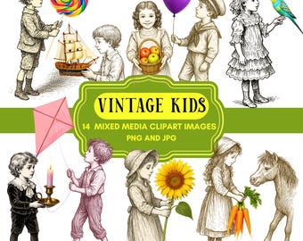 Vintage Kids Clipart: Mixed Media Ephemera, Scrapbook PNG JPG (Digital Download)