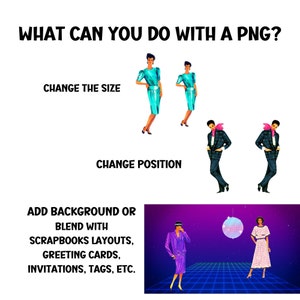 May include: A graphic illustration showing different ways to use a PNG file. The text reads "What can you do with a PNG?" and lists "Change the size", "Change position", and "Add background or blend with scrapbooks layouts, greeting cards, invitations, tags, etc."