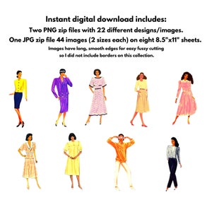 May include: A digital download of 22 different fashion illustrations in two sizes, perfect for crafting projects. The illustrations feature women in various outfits, including a yellow jacket, purple dress, and pink dress.