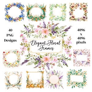 Watercolor Floral Frame Clipart: Wildflower PNG Graphics (Digital Download)