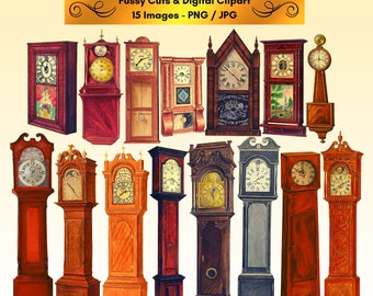 Grandfather Clocks Clipart Wall Clock Fussy Cuts Vintage Antique Ephemera Printable PNG JPG Journal Stickers Digital Download