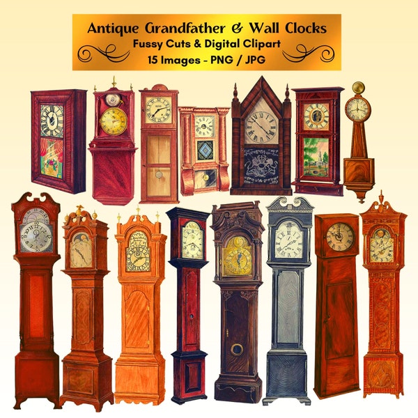 Grandfather Clocks Clipart Wall Clock Fussy Cuts Vintage Antique Ephemera Printable PNG JPG Journal Stickers Digital Download