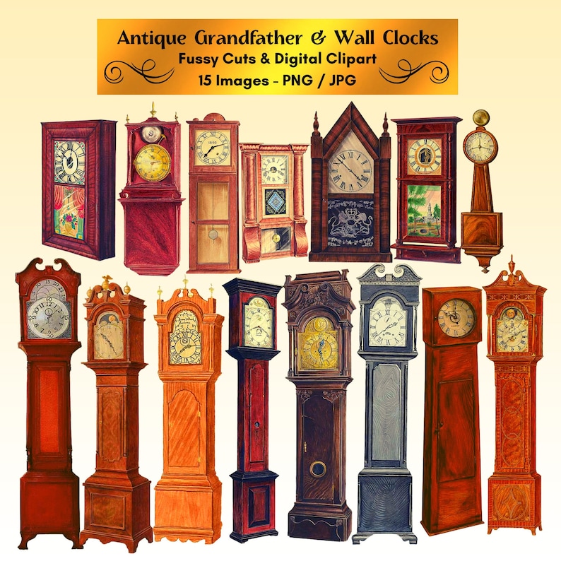 Clock Rang Element Drawing Antique Clock Clipart: Vintage Ephemera, Journal Stickers (digital ...