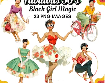 1950s Black Women Clipart: Retro Fashion Whimsical African American Fashion Ladies PNGs (Digital Download)