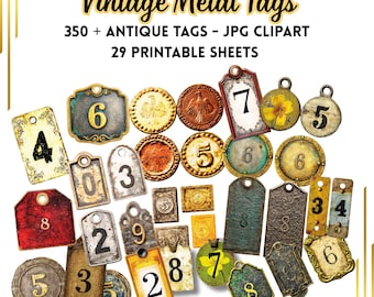 Vintage Numbered Metal Tags Clipart: Distressed Steampunk Ephemera (Digital Download)