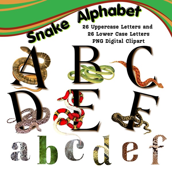 Snake Alphabet 26 Snake Letters Initials Upper Case and 26 Snakeskin Lower Case PNG Digital Clipart Sublimation