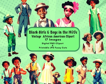 Black Kids Clipart Vintage 1920s African American Boys Girls Printable Fussy Cuts Retro 20s Cricut Journal Scrapbook PNG Digital Download