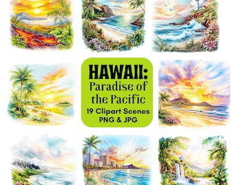 Aquarel Hawaii landschap clipart: tropische eilanden scènes (digitale download png jpg)