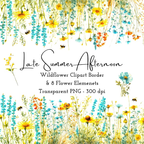 Wildflowers Border Clipart Watercolor Summer Afternoon Floral  Seamless Border Turquoise Wild Flower Elements Wall Art PNG Digital Download