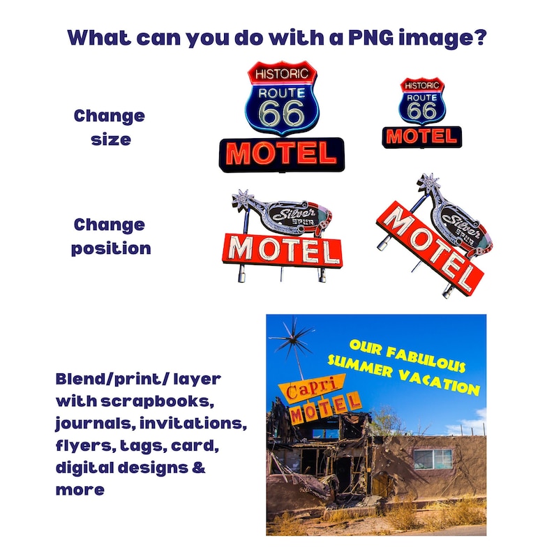 Puede incluir: Imagen que muestra las aplicaciones de una imagen PNG, con letreros de la Ruta 66 y Capri Motel. Demuestra cambios de tama&ntilde;o y posici&oacute;n, y la mezcla con &aacute;lbumes de recortes, diarios, invitaciones, folletos, etiquetas, tarjetas y dise&ntilde;os digitales. Texto: "Our Fabulous Summer Vacation."