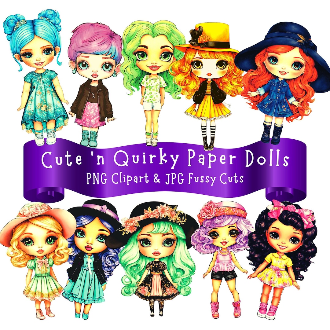 Quirky Paper Dolls Digital Clipart Cute Girl Whimsical Doll Etsy