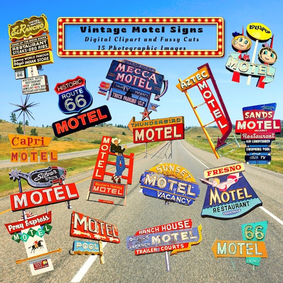 Motel Signs Retro Vintage Clipart Fussy Cuts Travel Ephemera Route 66  Scrapbook Junk Journal Digital Download PNG JPG - Etsy